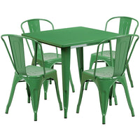 Flash Furniture – Table carrée en métal 31,5 po et 4 chaises empilables, int/ext, vert (ET-CT002-4-30-GN-GG)-Acier galvanisé, métal, caoutchouc