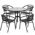 Table ronde de 31,5 po en verre et en métal, 4 chaises empilables noires en aluminium, dossier à lattes (TLH-072RD-017CBK4-GG)-Ensemble de table et chaises