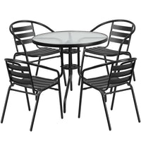 Table ronde de 31,5 po en verre et en métal, 4 chaises empilables noires en aluminium, dossier à lattes (TLH-072RD-017CBK4-GG)-Ensemble de table et chaises