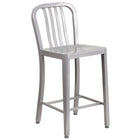 Tabouret de comptoir en métal à dossier à lattes verticales, intérieur/extérieur, hauteur de 24 po, argenté (CH-61200-24-SIL-GG)-Capacité de poids de 500 lb