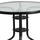 Table ronde de 31,5 po en verre et en métal, 4 chaises empilables noires en aluminium, dossier à lattes (TLH-072RD-017CBK4-GG)-L'ensemble comprend une table et 4 chaises