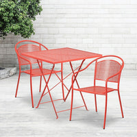 Table jardin pliante carrée en acier 28 po, et 2 chaises au dossier rond, intérieur/extérieur, corail [CO-28SQF-03CHR2-RED-GG]-Ensemble comprenant 1 table pliante et 2 chaises